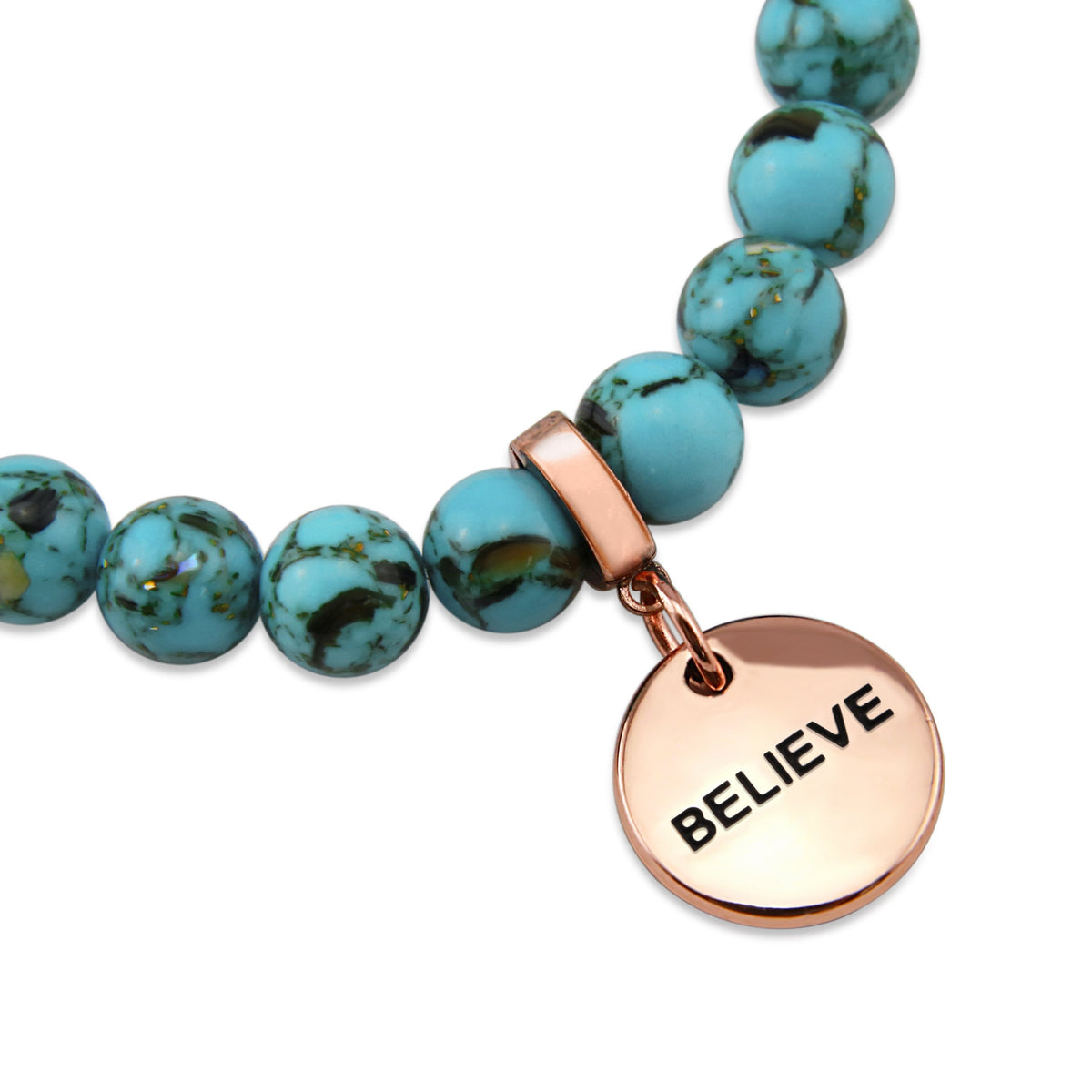 Teal coloured stone bracelet with word charm and rose gold clip. 