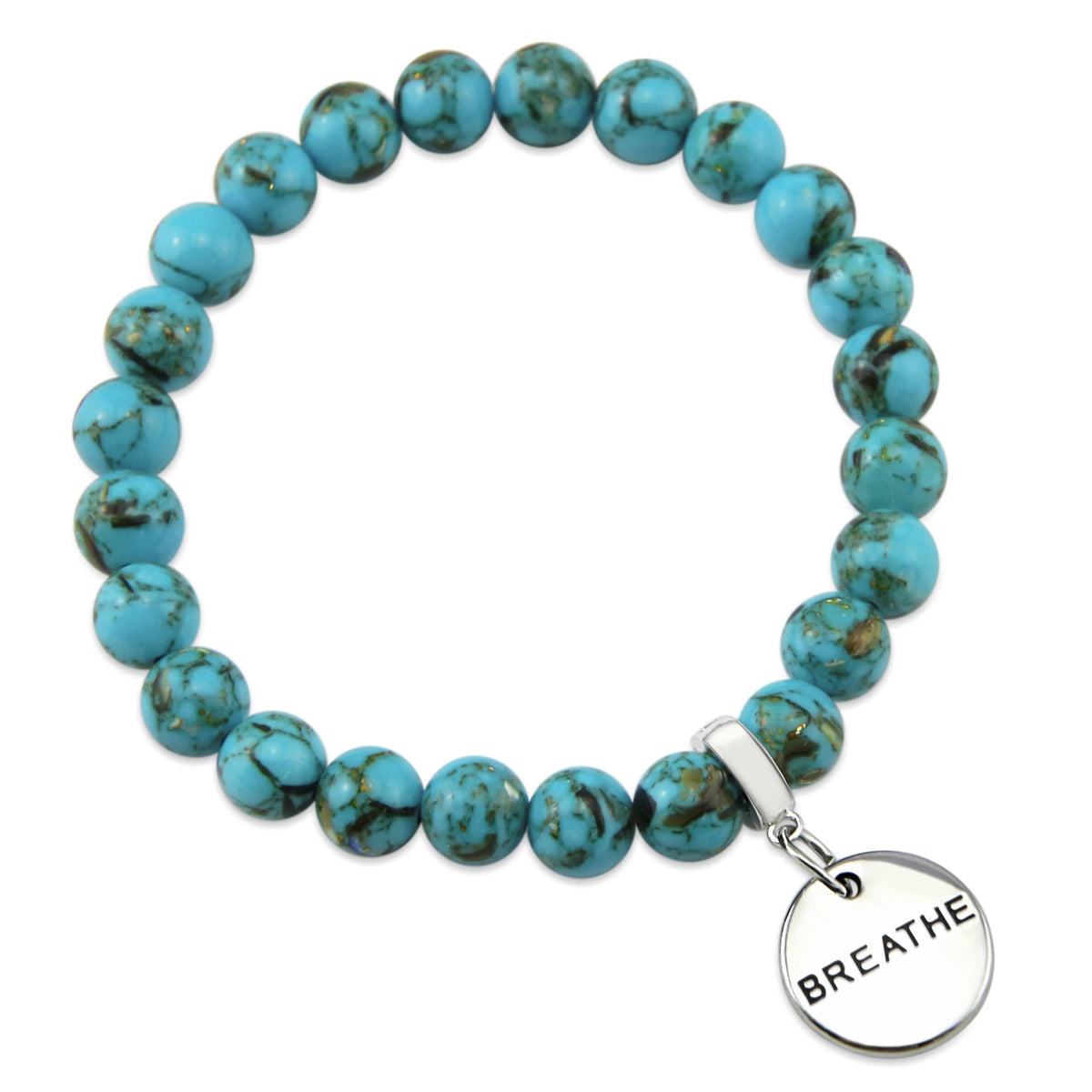 Teal coloured stone bracelet with word charm and silver clip. 