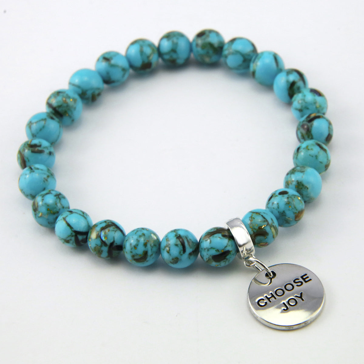Teal coloured stone bracelet with word charm and silver clip. 