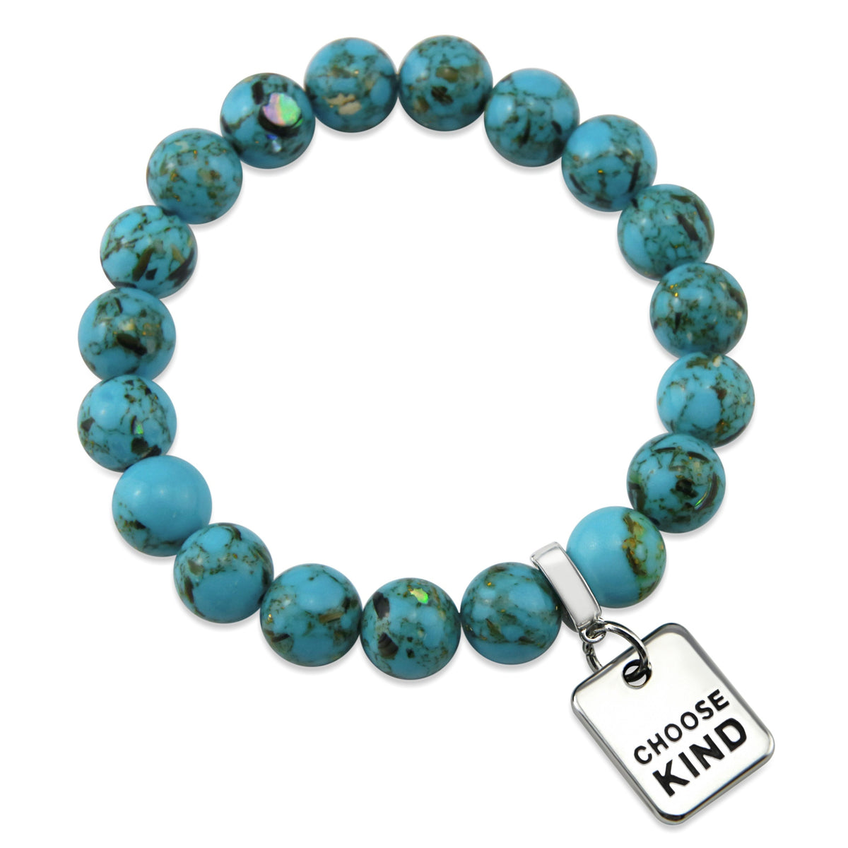 Teal coloured stone bracelet with word charm and silve r clip. 