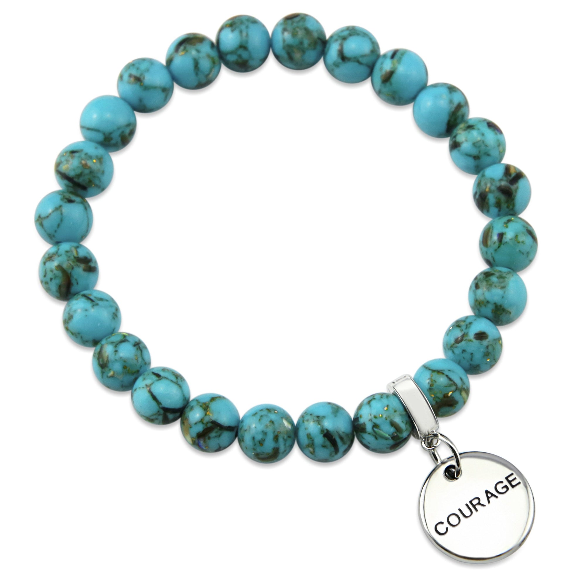 Teal coloured stone bracelet with word charm and silver clip. 