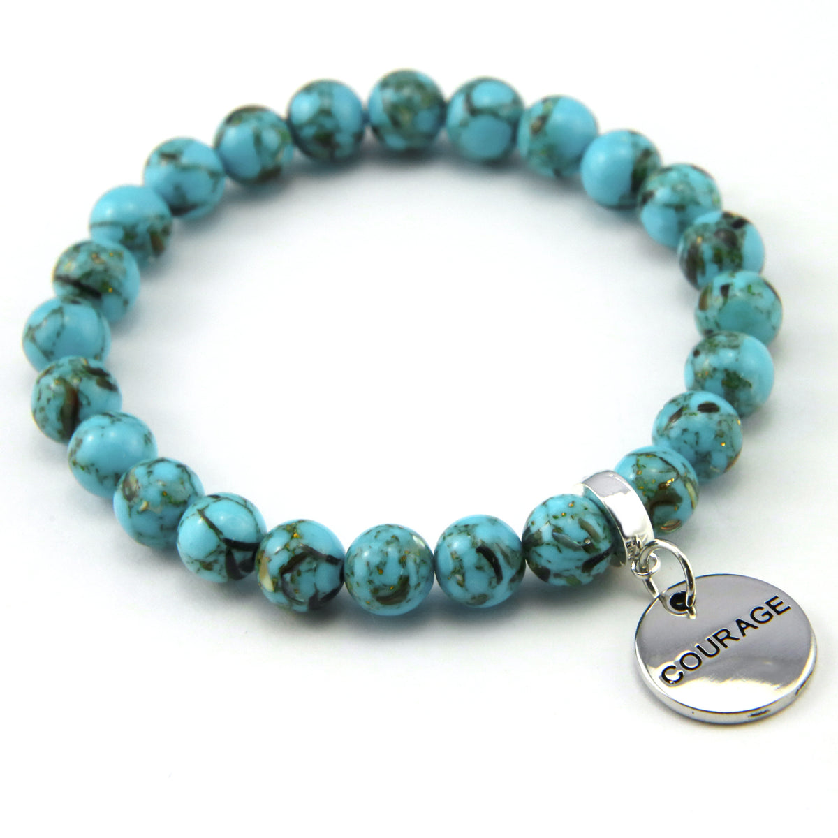 Teal coloured stone bracelet with word charm and silver clip. 