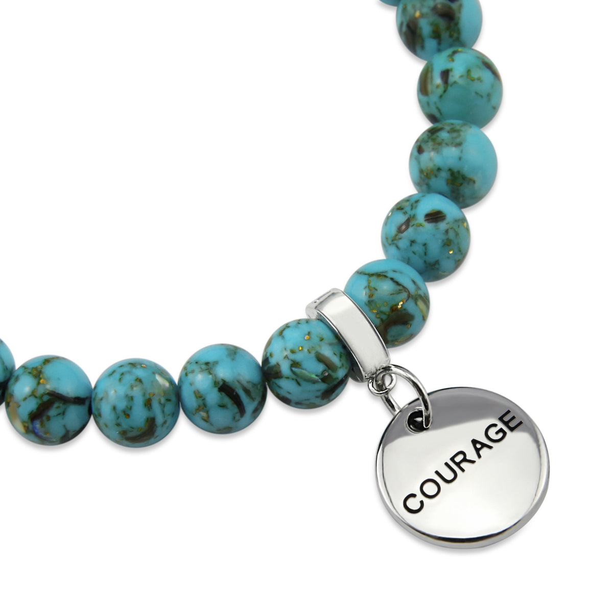 Teal coloured stone bracelet with word charm and silver clip. 