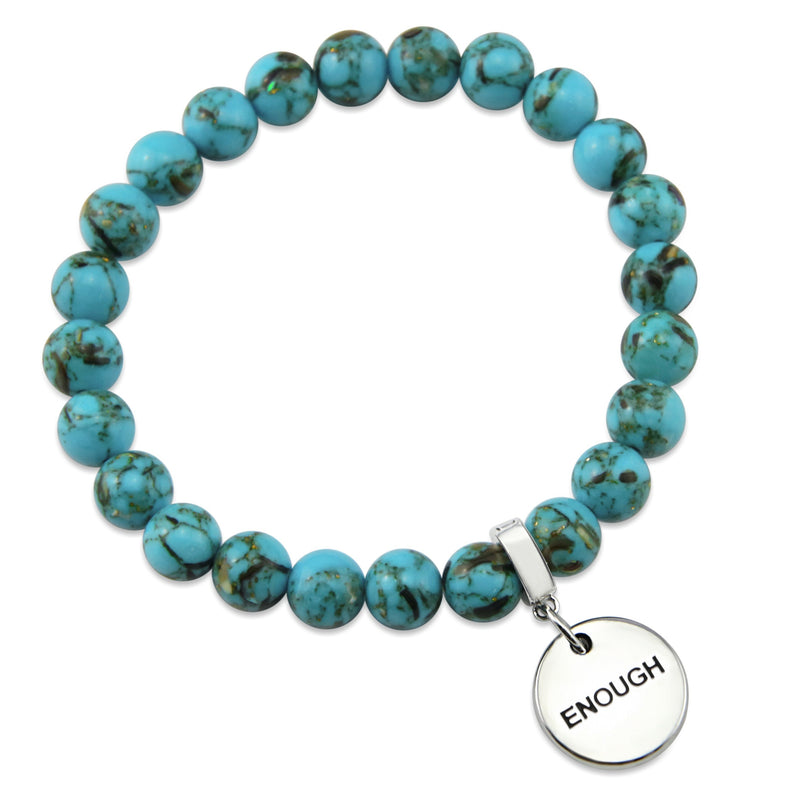 Teal coloured stone bracelet with word charm and silver clip. 