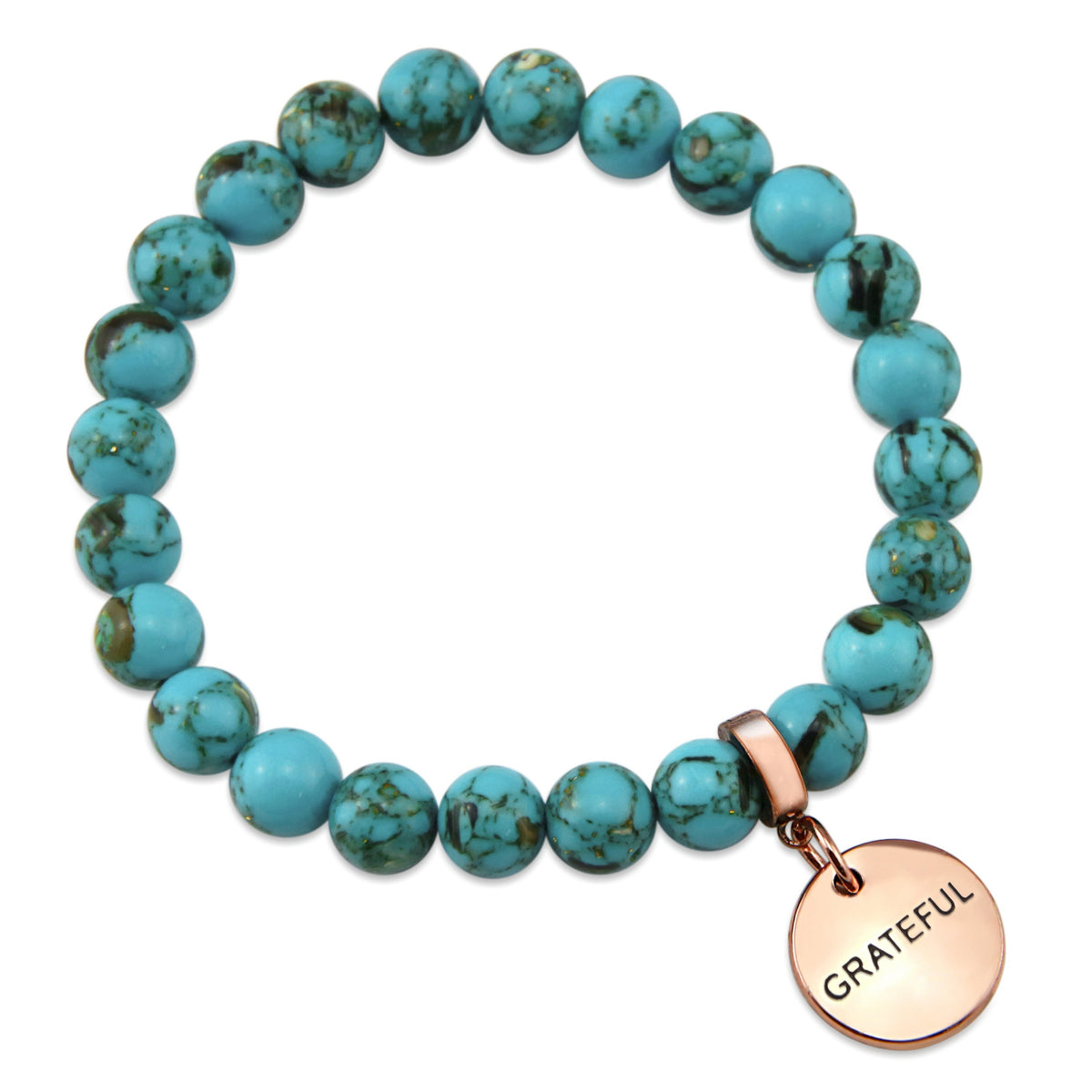 Teal coloured stone bracelet with word charm and rose gold clip. 