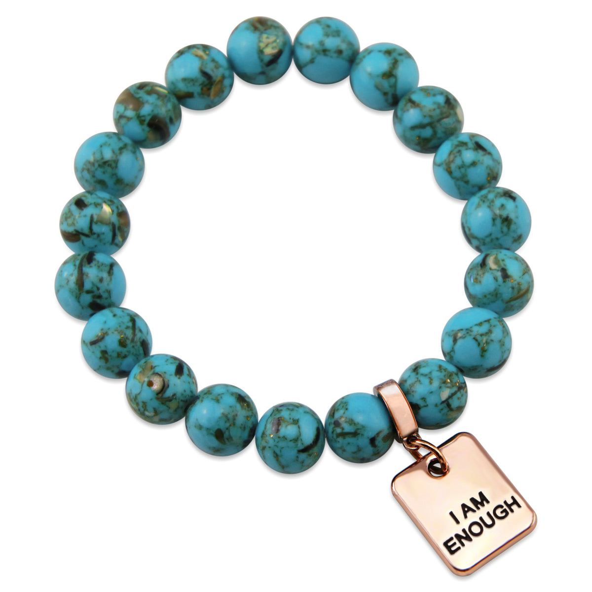 Teal coloured stone bracelet with word charm and rose gold clip. 