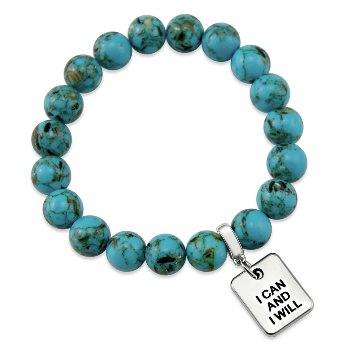 Teal coloured stone bracelet with word charm and silve r clip. 