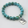 TEAL COLLECTION - Peacock Teal Synthesis 10mm Stone Bead Bracelet  - Silver Word Charms