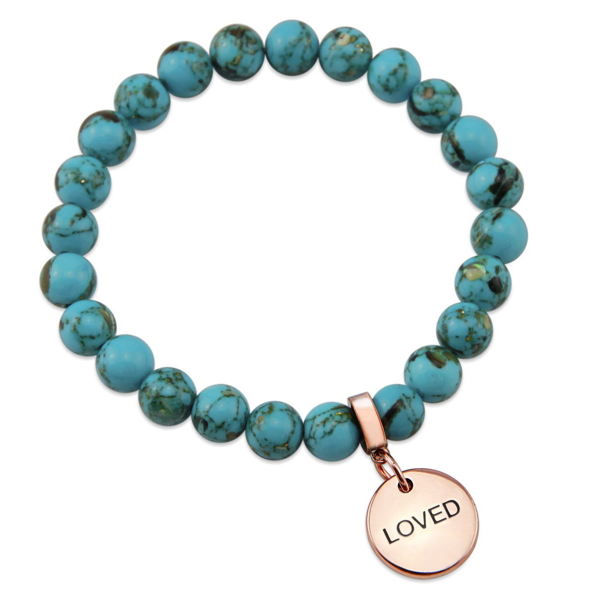 Teal coloured stone bracelet with word charm and rose gold clip. 