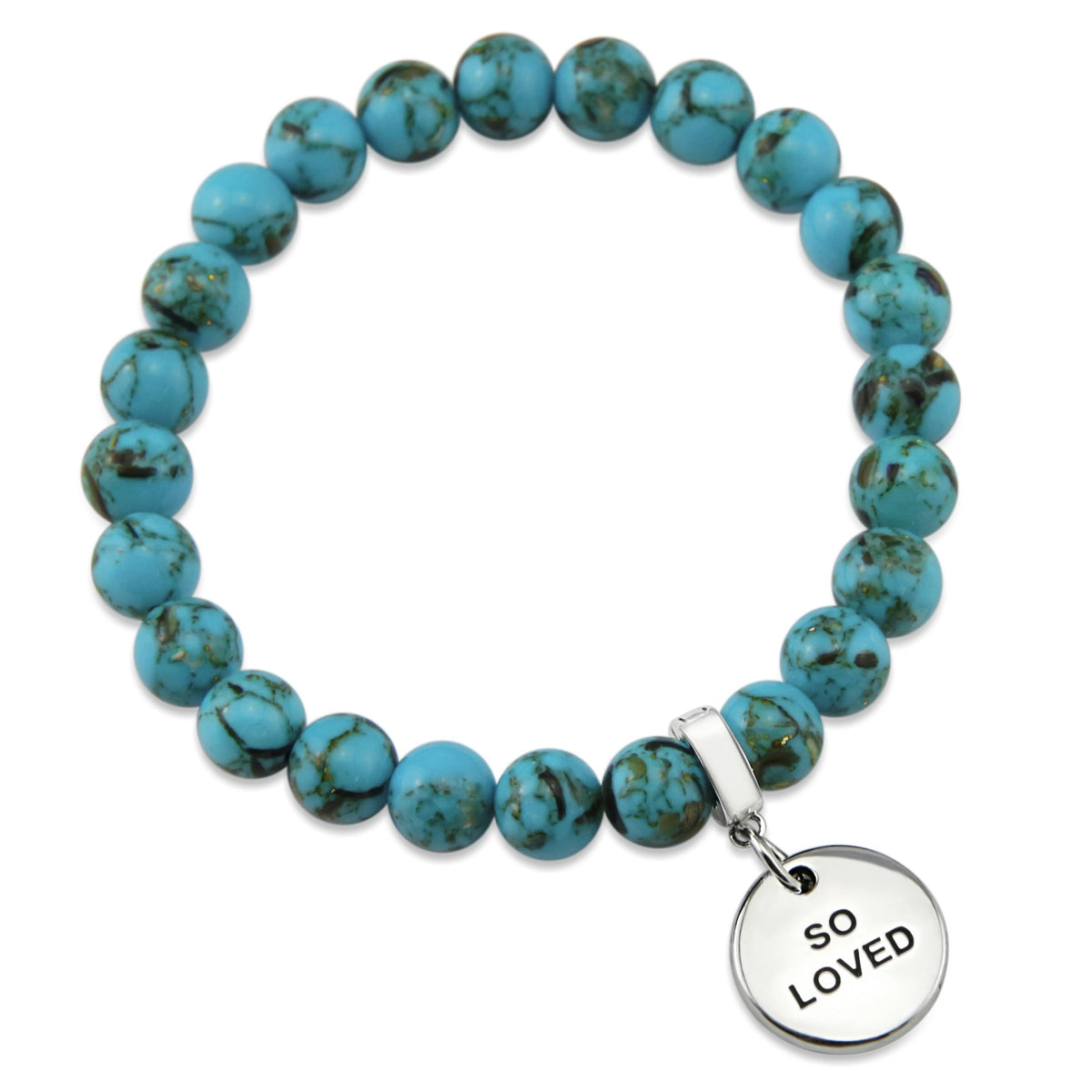 Teal coloured stone bracelet with word charm and silver clip. 