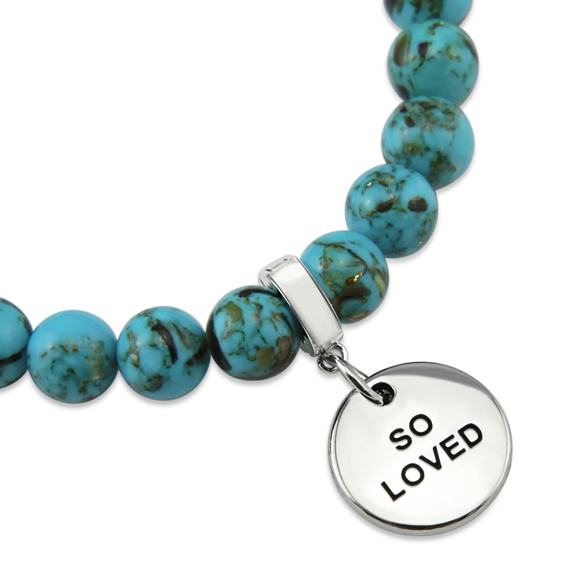 Teal coloured stone bracelet with word charm and silver clip. 