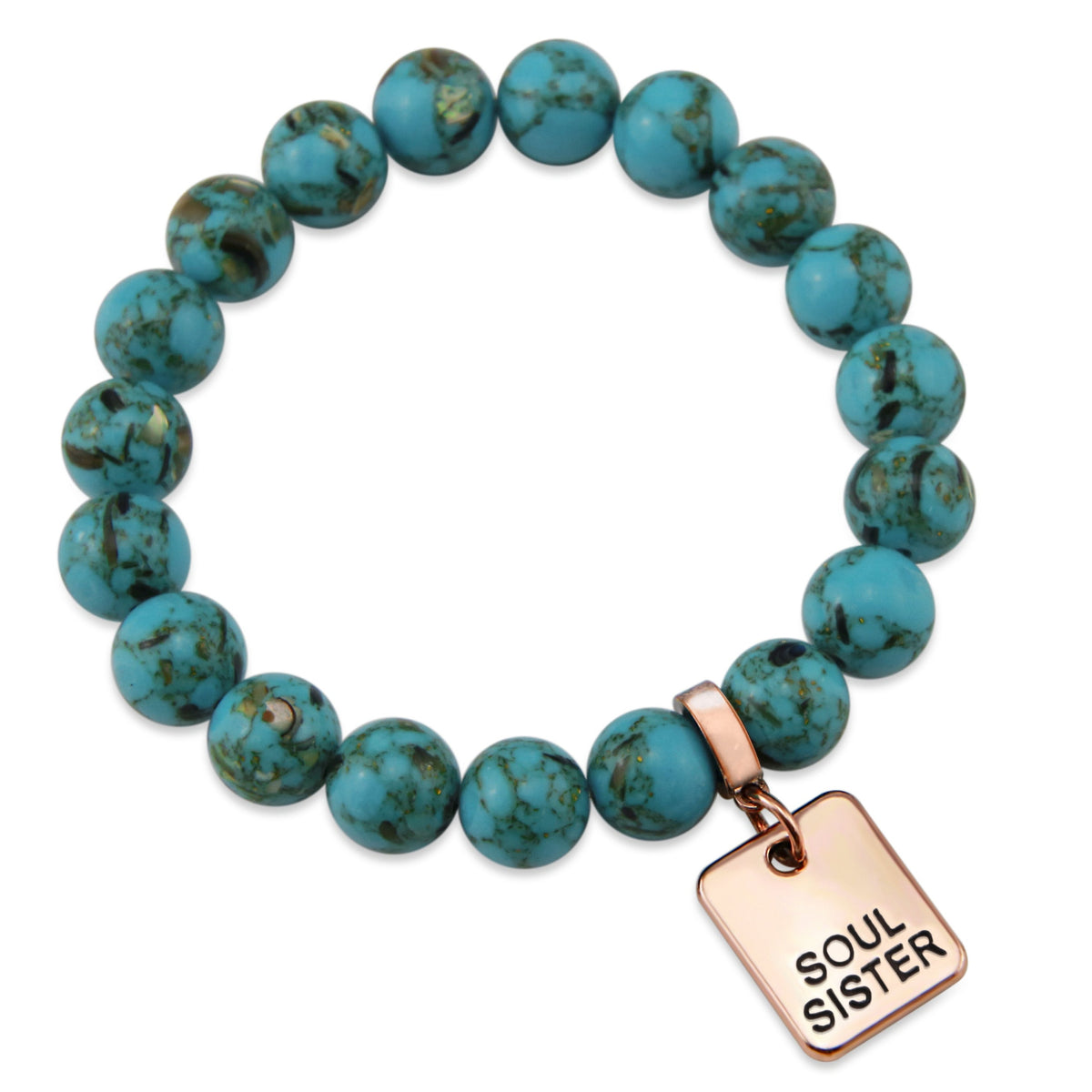 Teal coloured stone bracelet with word charm and rose gold clip. 