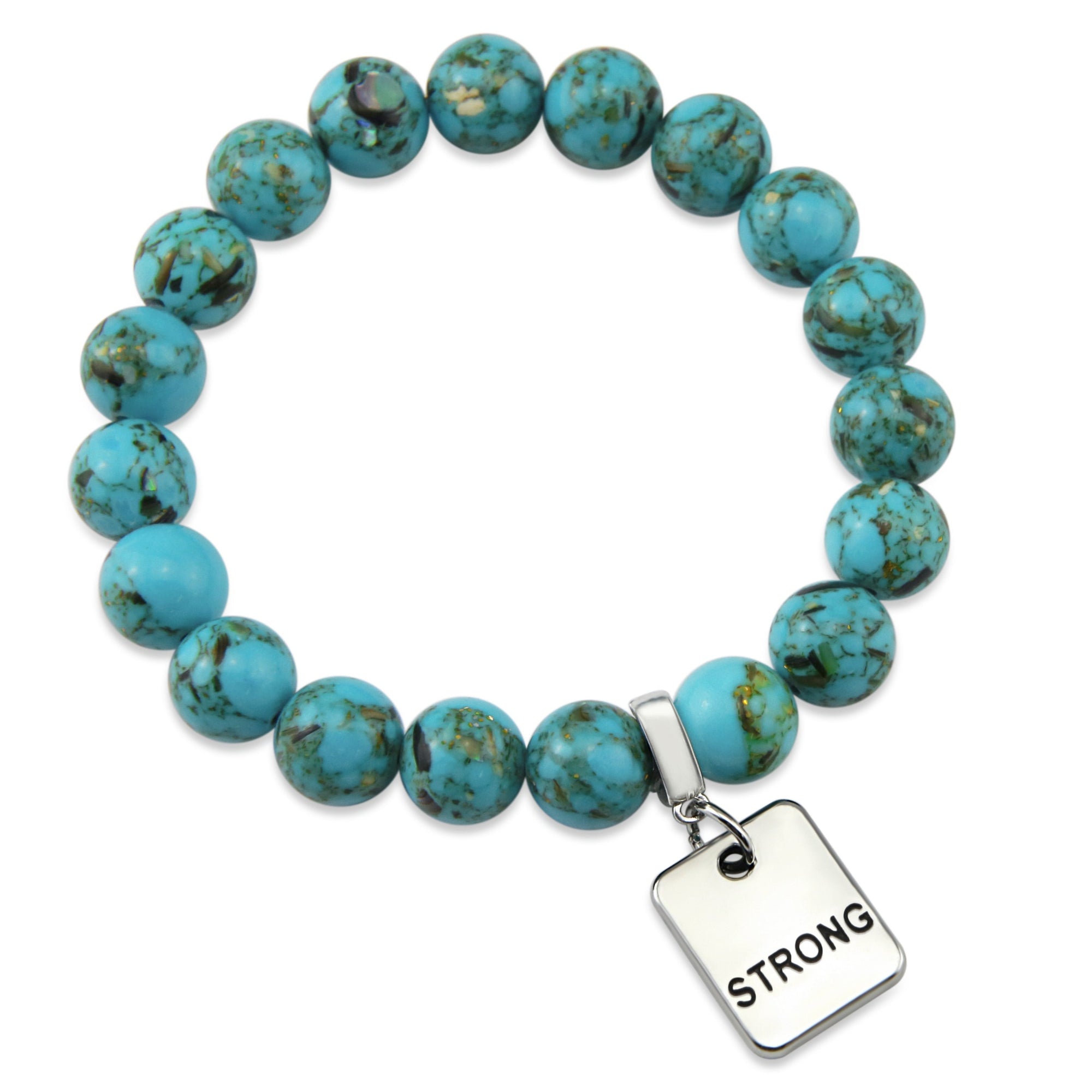 Teal coloured stone bracelet with word charm and silve r clip. 