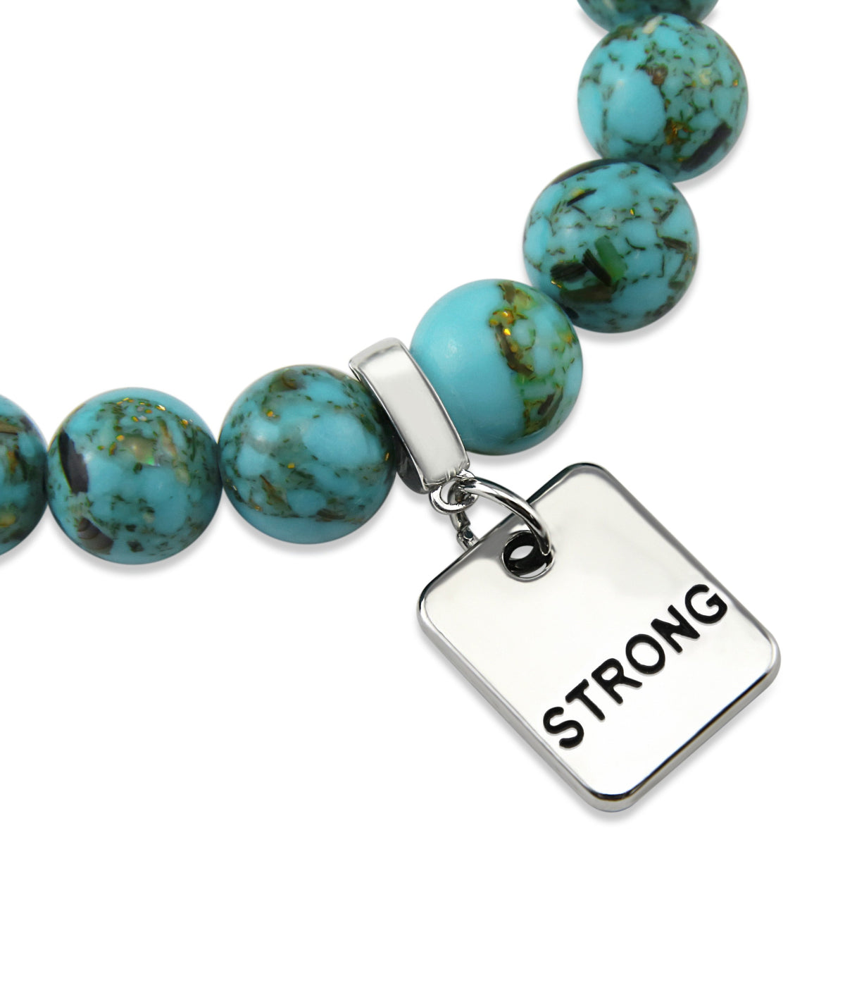 Teal coloured stone bracelet with word charm and silve r clip. 