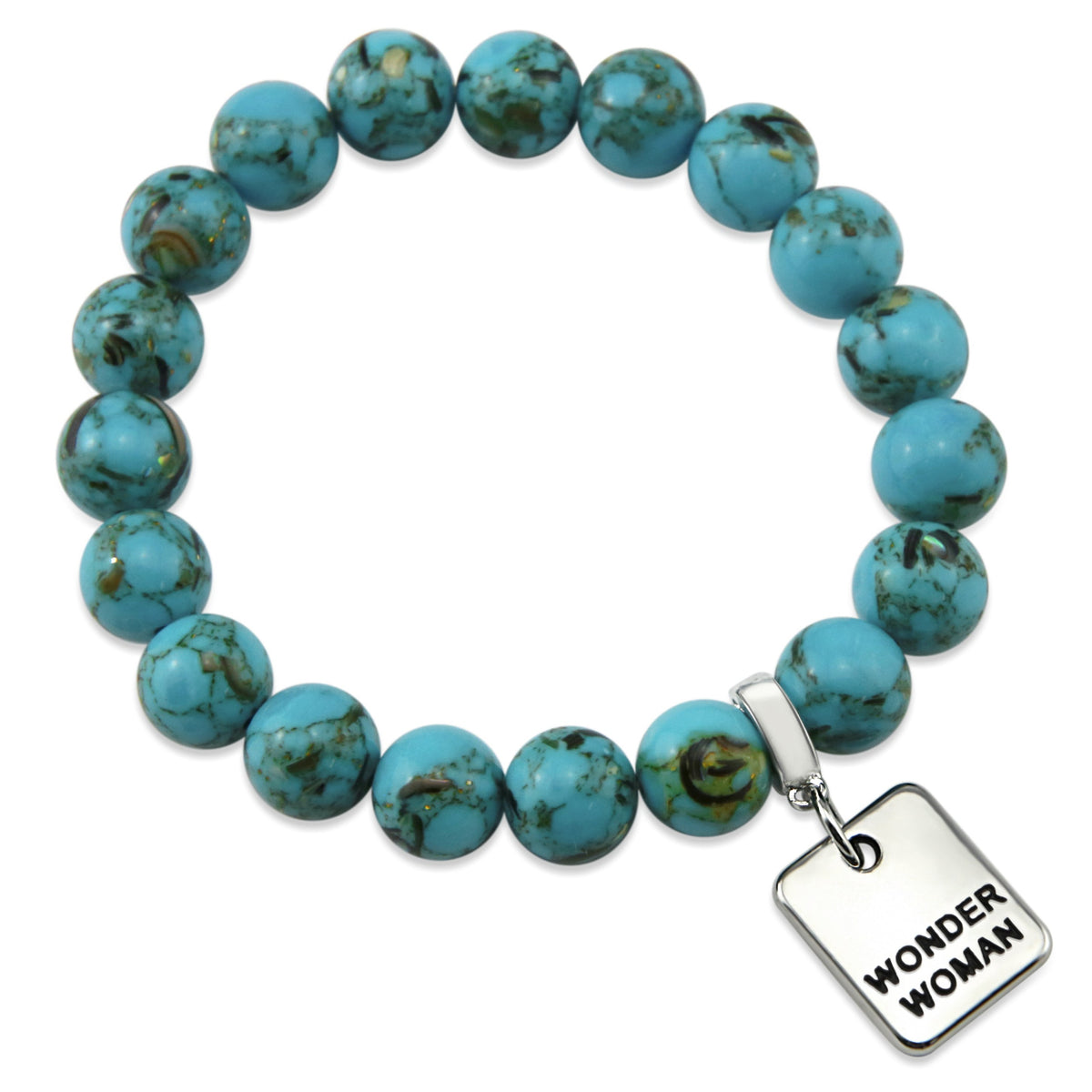 Teal coloured stone bracelet with word charm and silve r clip. 