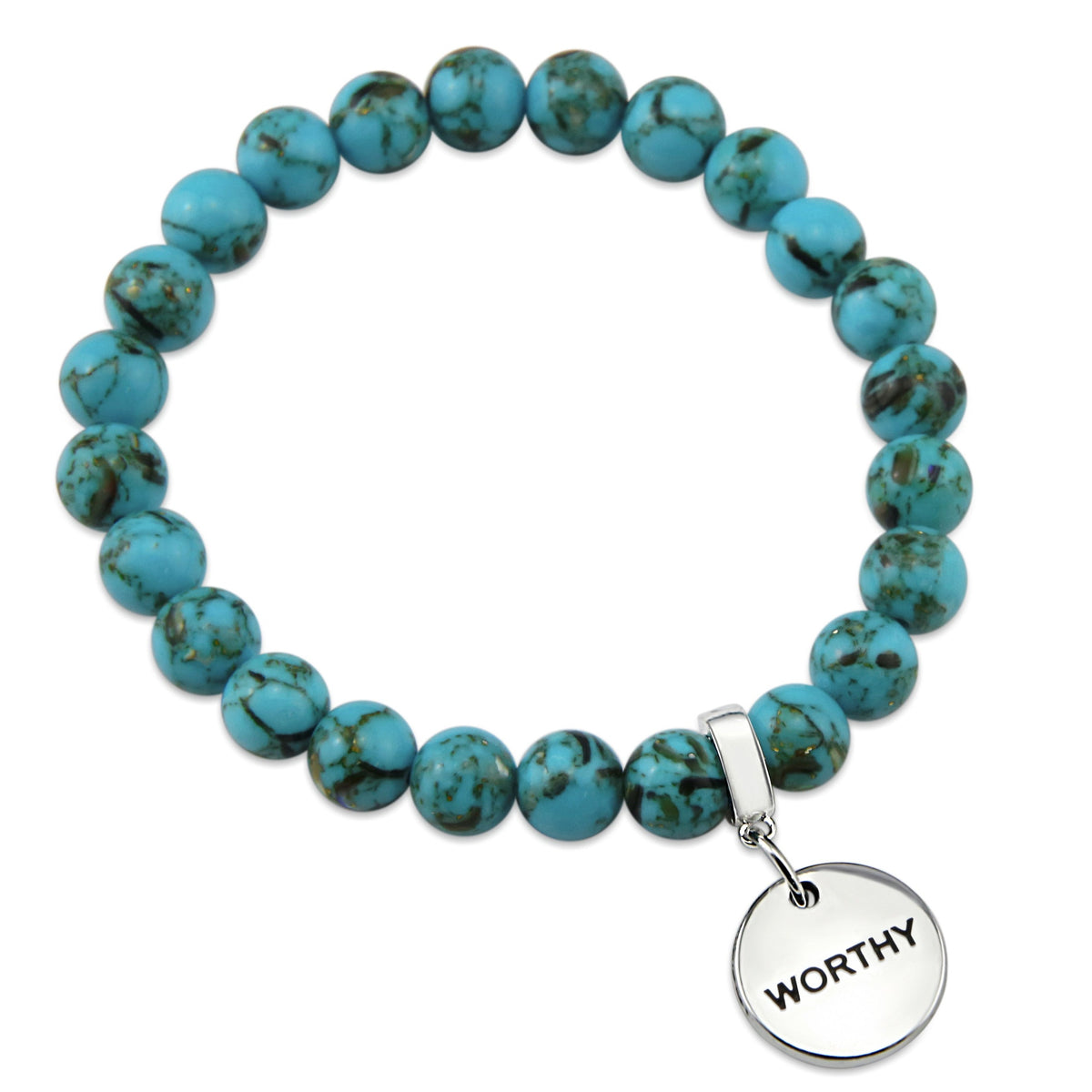 Teal coloured stone bracelet with word charm and silver clip. 