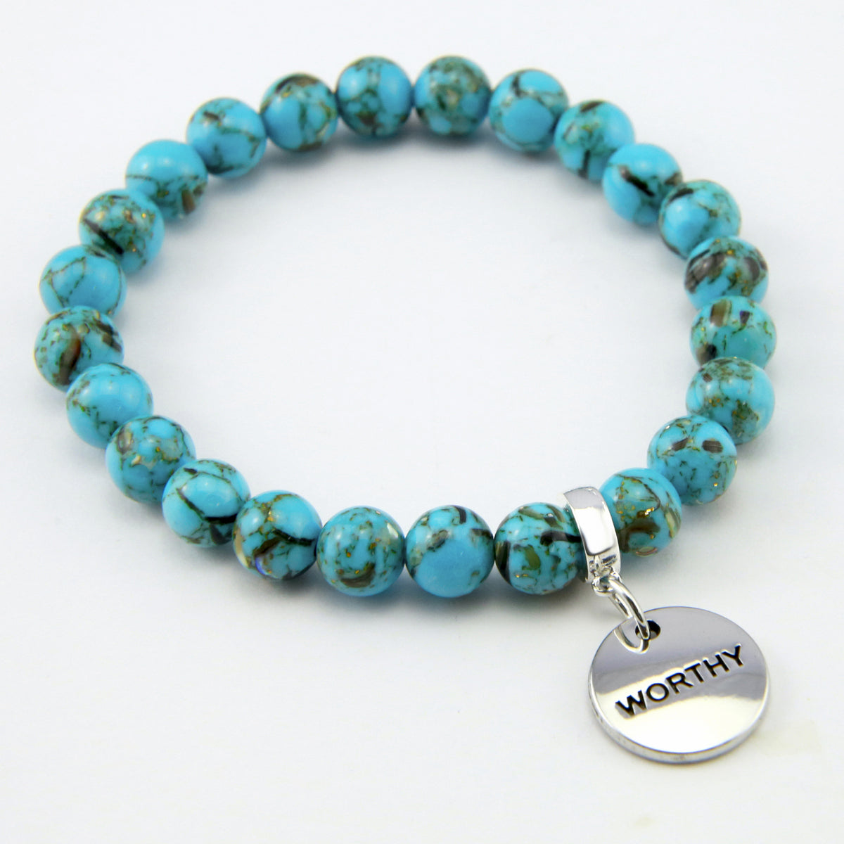 Teal coloured stone bracelet with word charm and silver clip. 