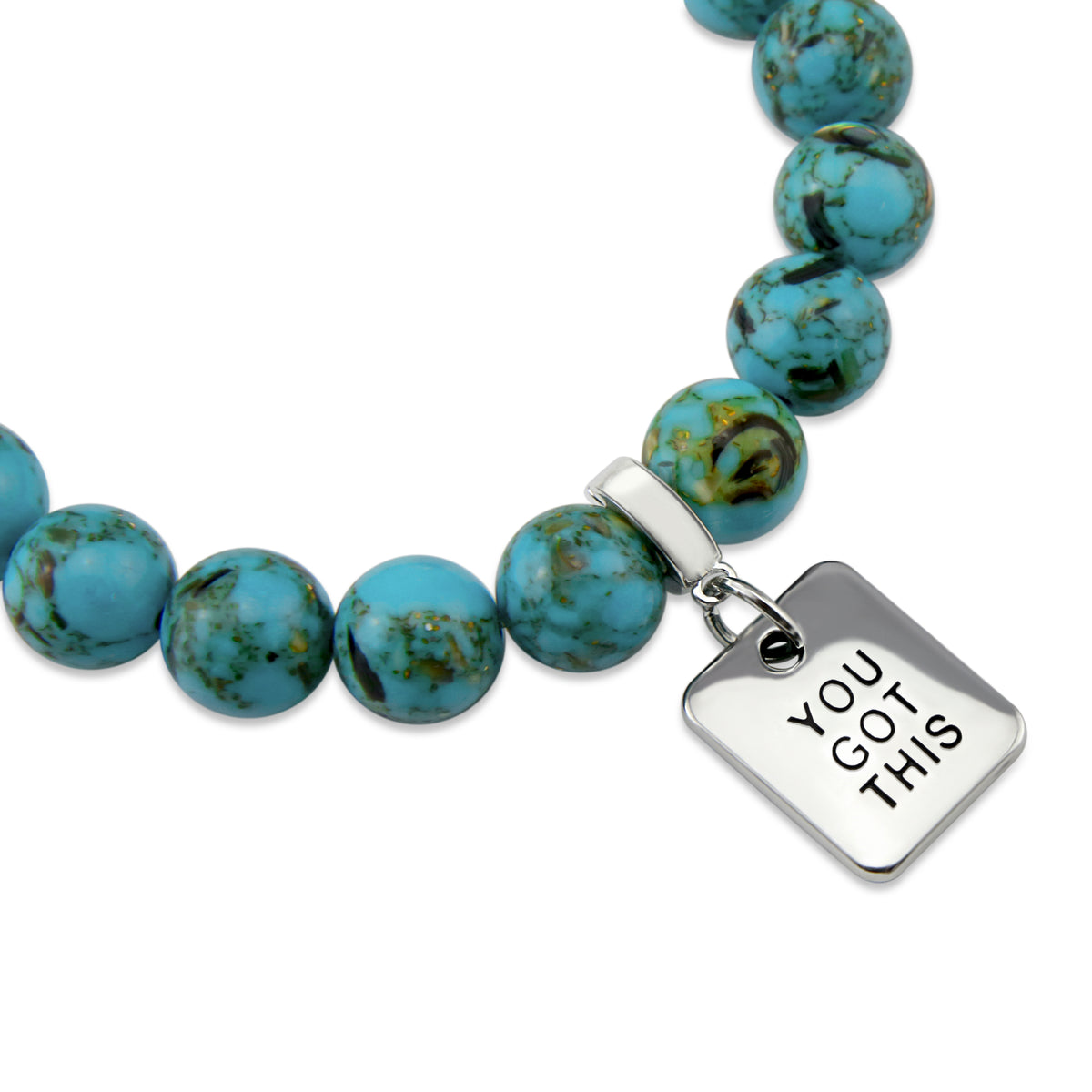 Teal coloured stone bracelet with word charm and silve r clip. 