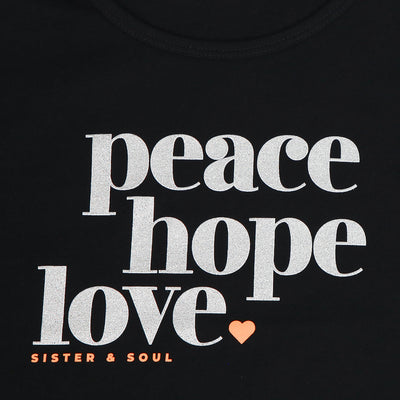 Peace Hope Love - Scoopy Tee - Black with Silver Glitter Print