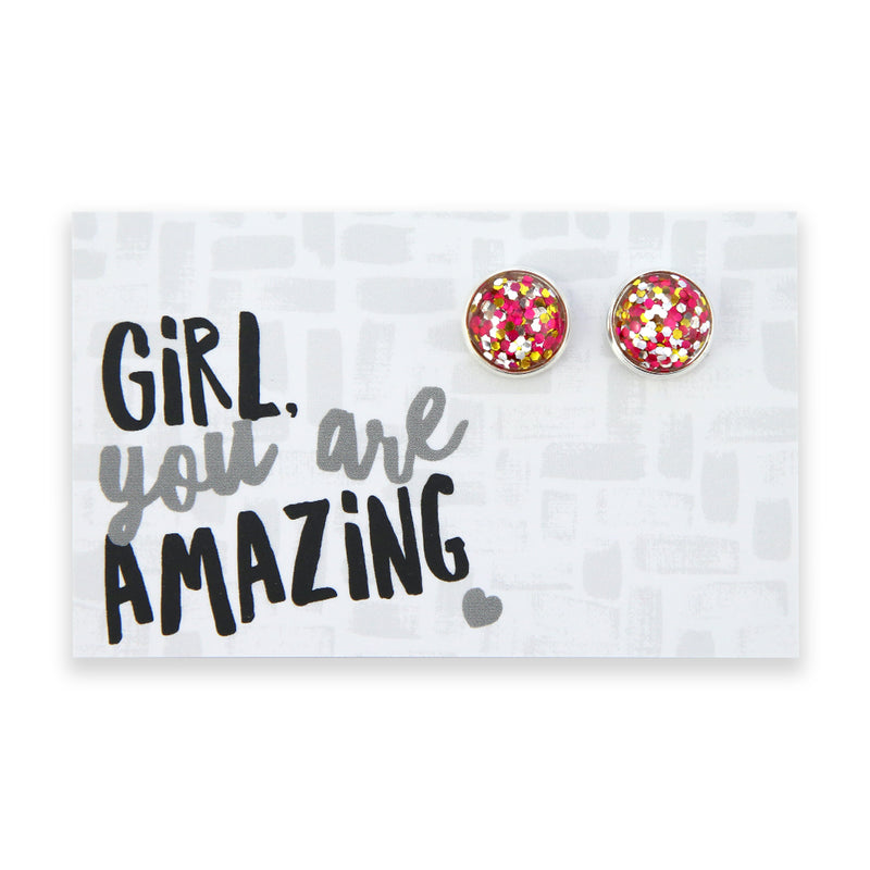 PINK COLLECTION SPARKLEFEST - Girl You're Amazing - Bright Silver Stud Earrings - Pink, Gold & Silver Glitter (2302-R)