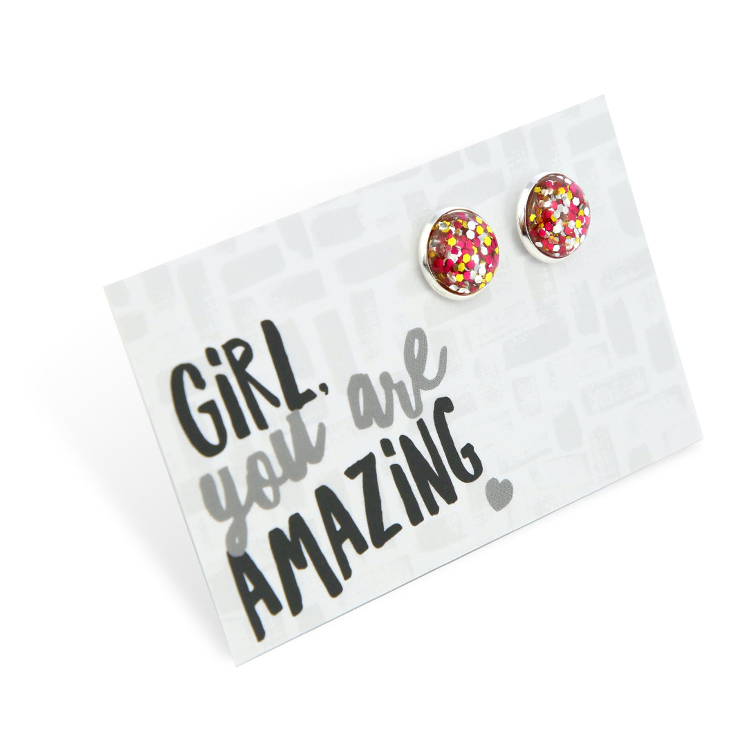 PINK COLLECTION SPARKLEFEST - Girl You're Amazing - Bright Silver Stud Earrings - Pink, Gold & Silver Glitter (2302-R)