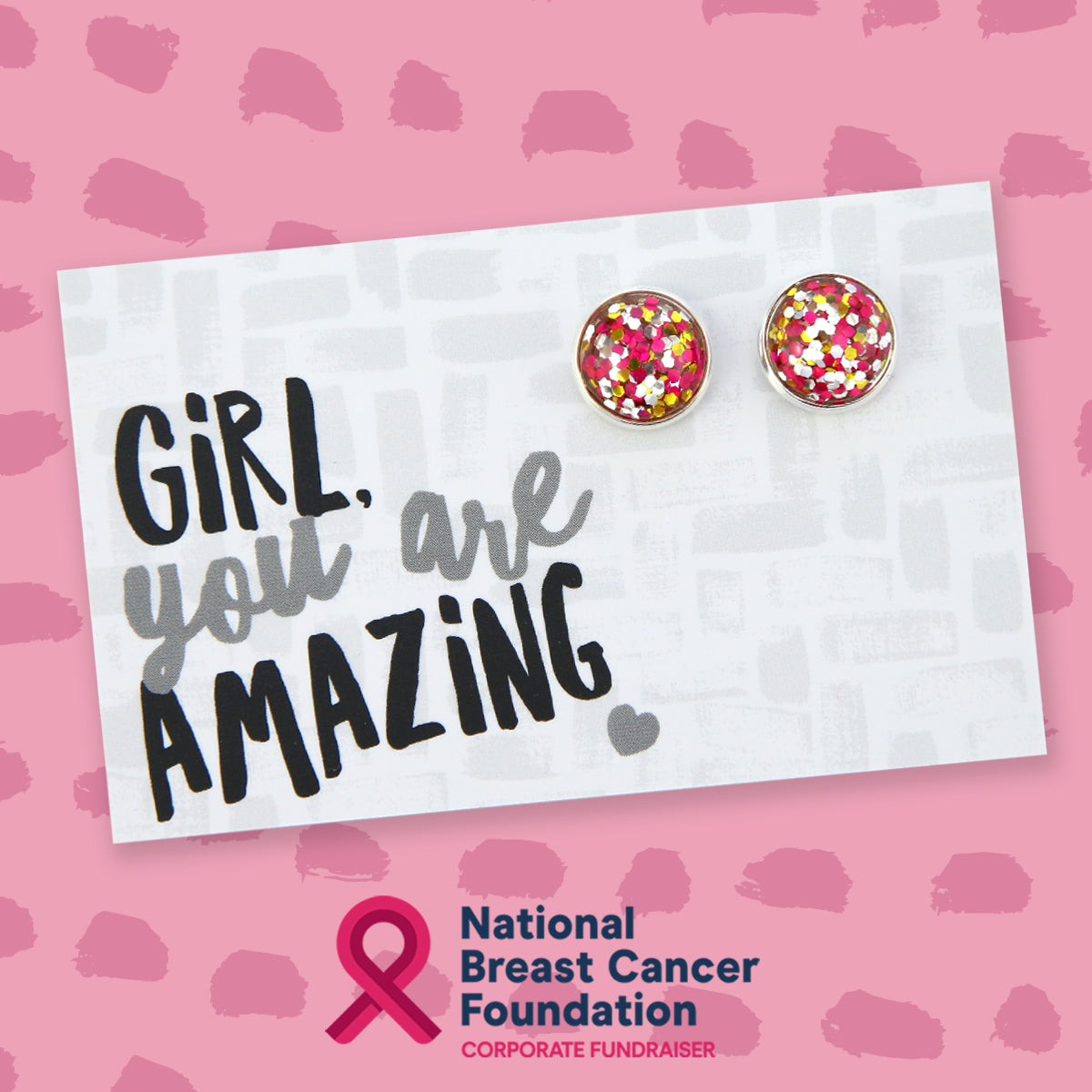 PINK COLLECTION SPARKLEFEST - Girl You're Amazing - Bright Silver Stud Earrings - Pink, Gold & Silver Glitter (2302-R)