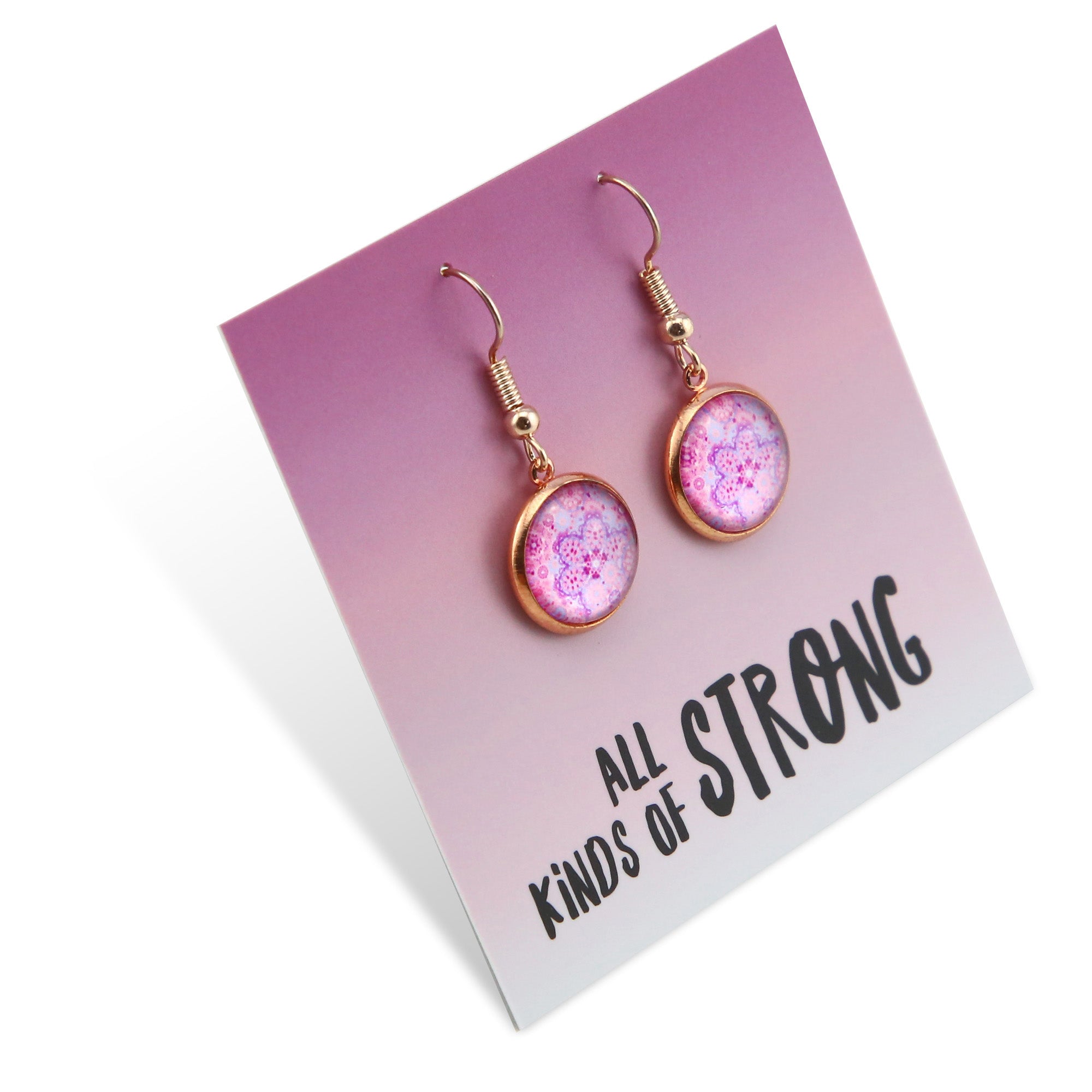 Pink mandala rose gold dangle earring. 
