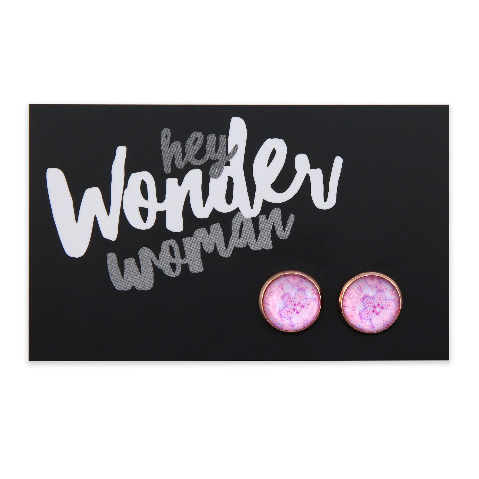 PINK COLLECTION - Hey Wonder Woman - Rose Gold 12mm Circle Studs - Pink Ice (2310-R)
