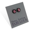 Pink leopard print stainless steel hypoallergenic stud earrings, fierce fearless fabulous display card.