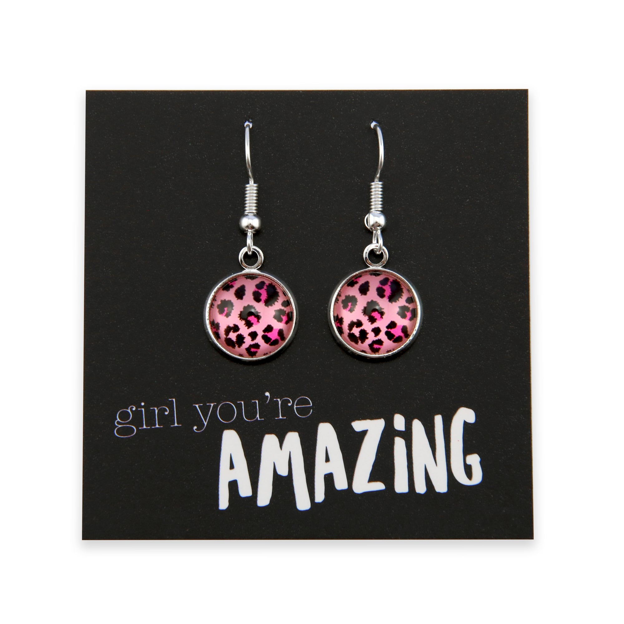 Pink Collection - Girl You're Amazing - Bright Silver Dangle Earrings - Pink Leopard (11545)
