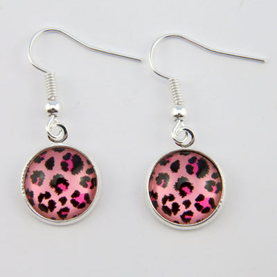 PINK COLLECTION - Girl You're Amazing - Bright Silver Dangle Earrings - Pink Leopard (11545)
