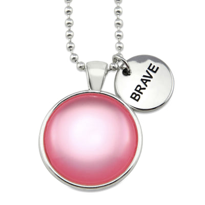 PINK COLLECTION - Bright Silver 'BRAVE' Necklace - Pink Pearl Resin (11821)