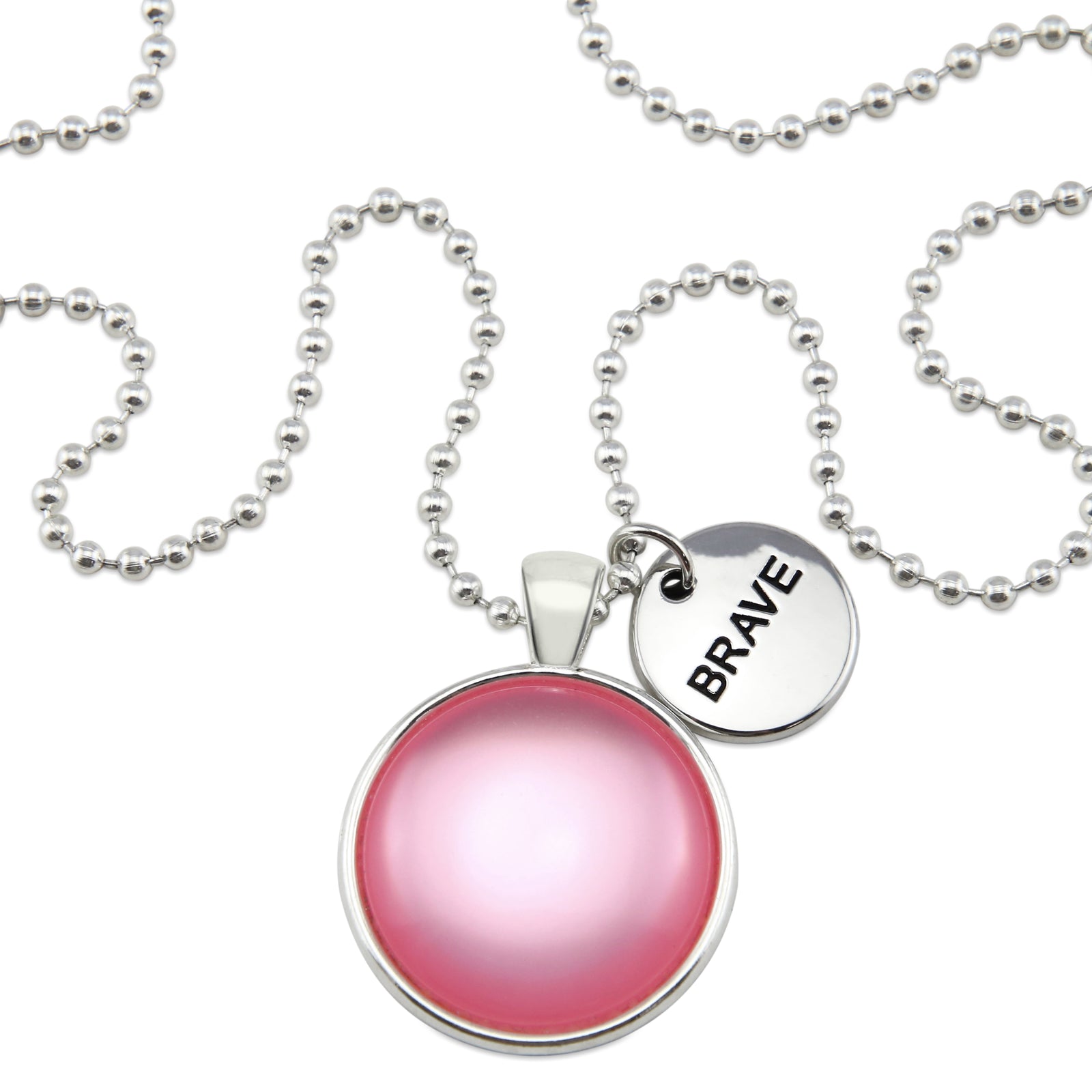 PINK COLLECTION - Bright Silver 'BRAVE' Necklace - Pink Pearl Resin (11821)