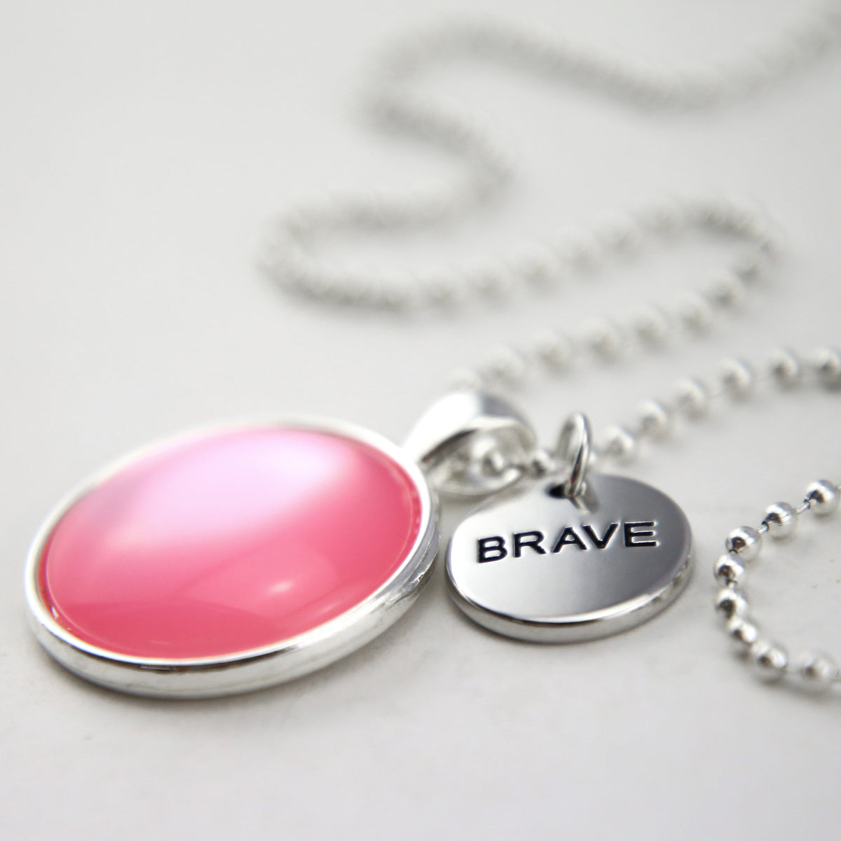 PINK COLLECTION - Bright Silver 'BRAVE' Necklace - Pink Pearl Resin (11821)