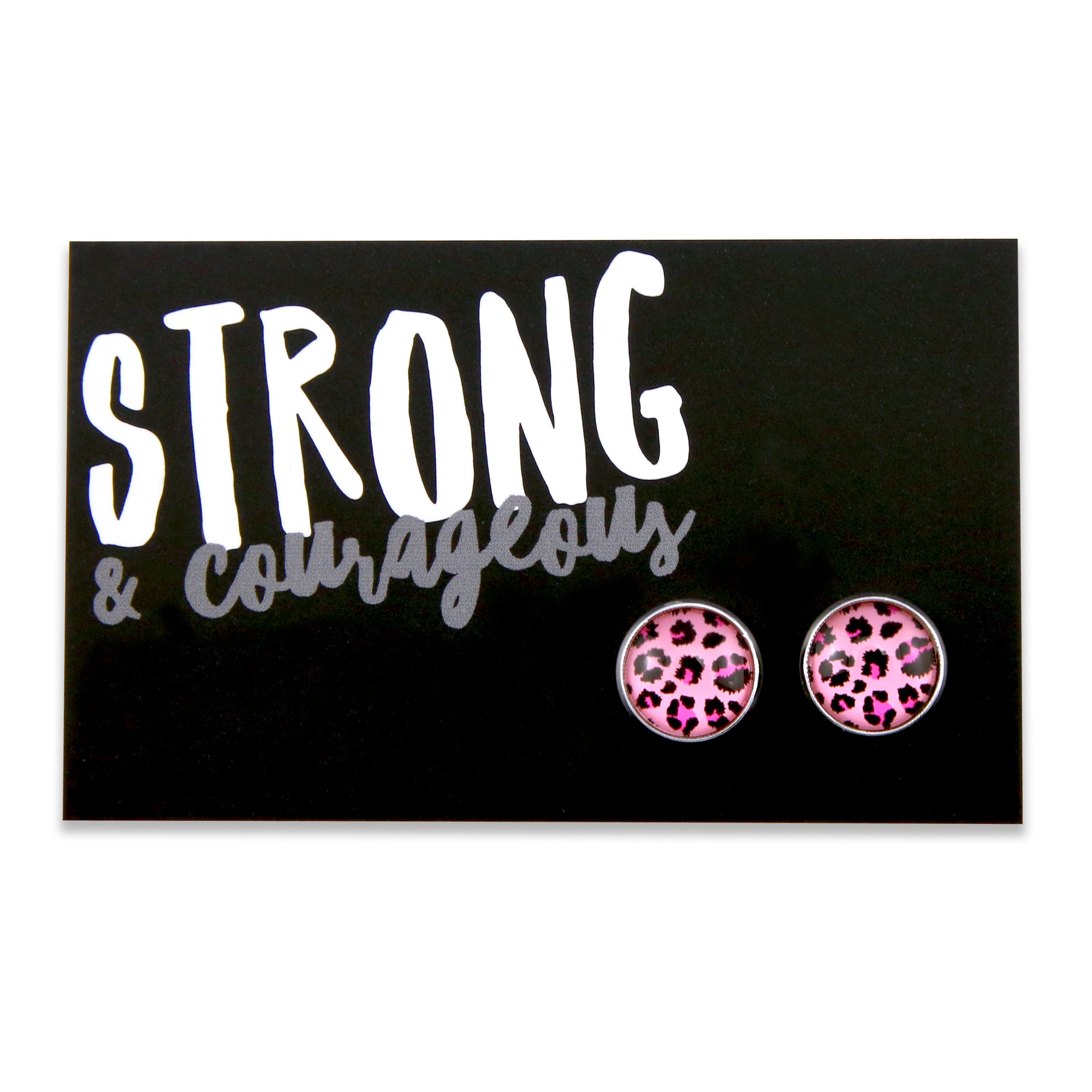 PINK COLLECTION - Strong & Courageous silver surround circle studs - Pink Leopard (9514)