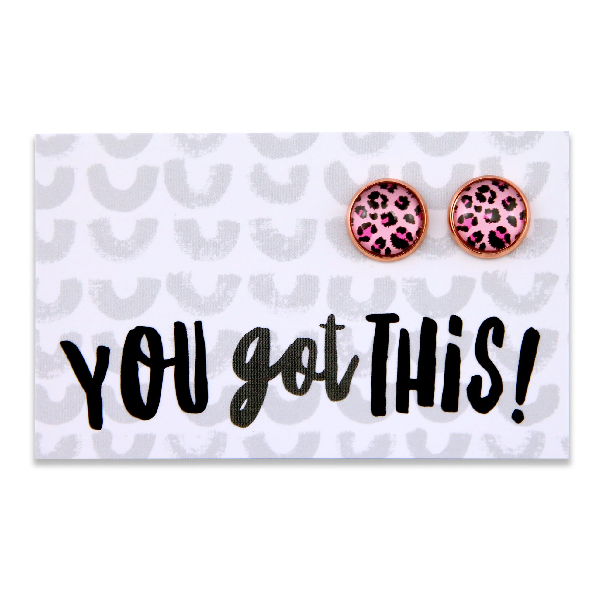 PINK COLLECTION - You Got This- Rose Gold surround circle studs - Pink Leopard (8809-R)