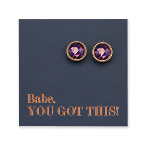 Beautiful rose gold stainless steel circle stud hypoallergenic earrings with metallic print on babe you got this gift card.     