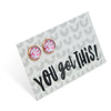 Pink and blue curved pattern print stud earrings in rose gold on 'You Got This' card.