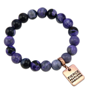 Stone Bracelet - Purple Fire Agate Stone 10mm Beads - with Rose Gold Word charm
