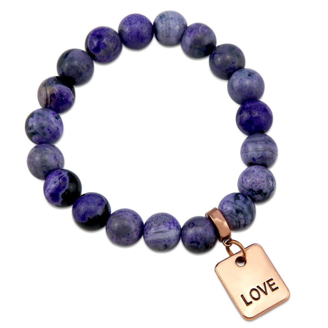 Stone Bracelet - Purple Fire Agate Stone 10mm Beads - with Rose Gold Word charm