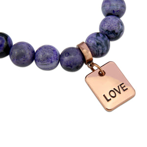 Stone Bracelet - Purple Fire Agate Stone 10mm Beads - with Rose Gold Word charm
