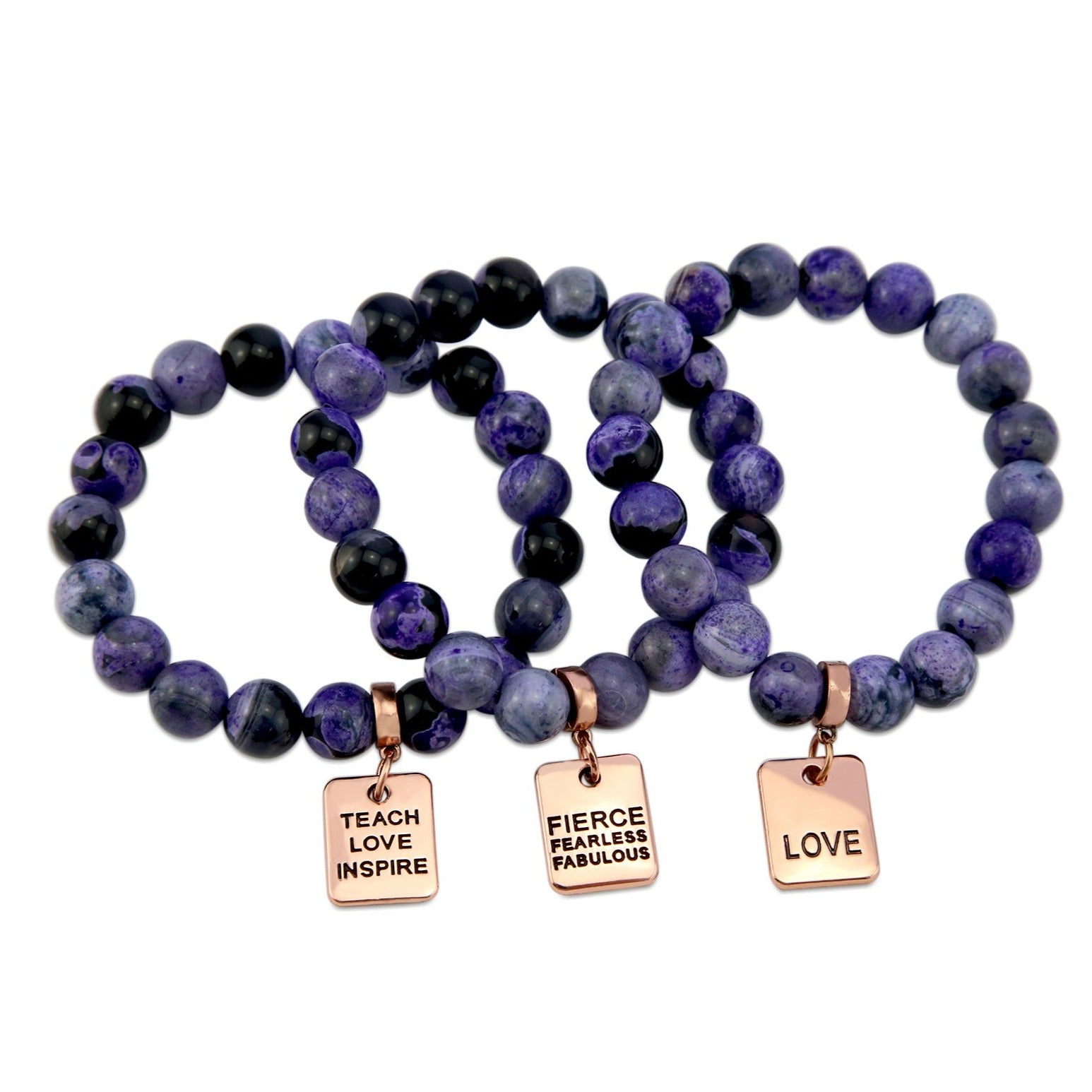 Stone Bracelet - Purple Fire Agate Stone 10mm Beads - with Rose Gold Word charm