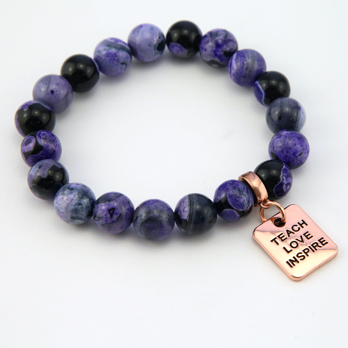 Stone Bracelet - Purple Fire Agate Stone 10mm Beads - with Rose Gold Word charm