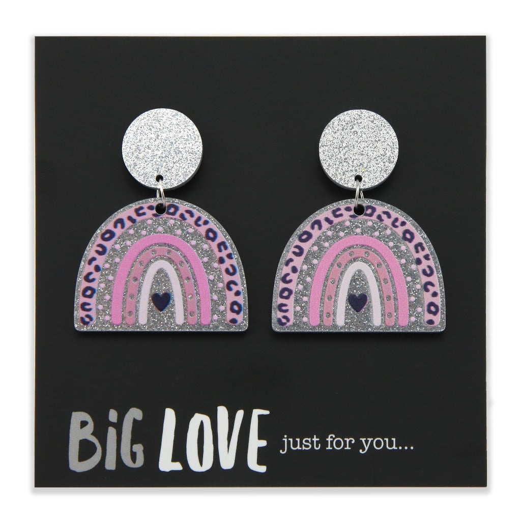 Acrylic Glitter Rainbow Dangles - Big Love Just For You - Pink & Silver (2416)