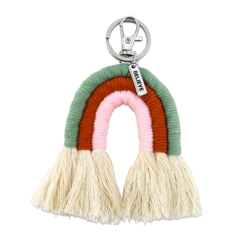 Handwoven Rainbow Keyring/ Bag Accessory in aqua, red and pink with silver Believe word charm.