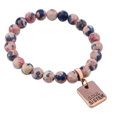 Stone Bracelet - Raspberry & Navy Patch Agate Stone 8mm beads - with Rose Gold Word Charms