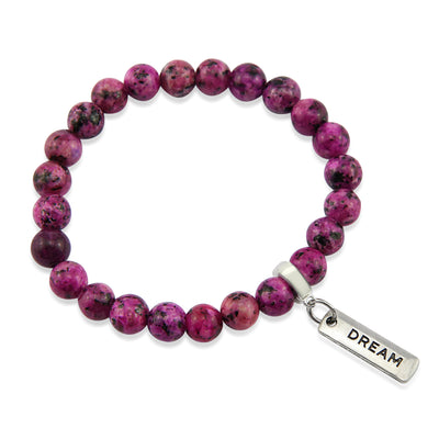 Stone Bracelet - Pink Raspberry Speckle 8mm Beads - with Silver Word Charm