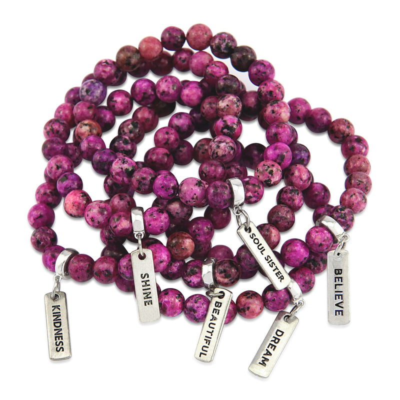 Stone Bracelet - Pink Raspberry Speckle 8mm beads - with Word Charm (5023)