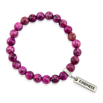 Stone Bracelet - Pink Raspberry Speckle 8mm Beads - with Silver Word Charm