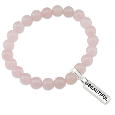 Rose Quartz 8mm stone bracelet with silver beautiful word charm and clip.